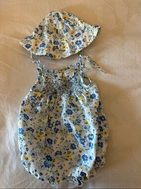 Ralph Lauren smocked Blue and Yellow Floral Baby Sunsuit with Hat